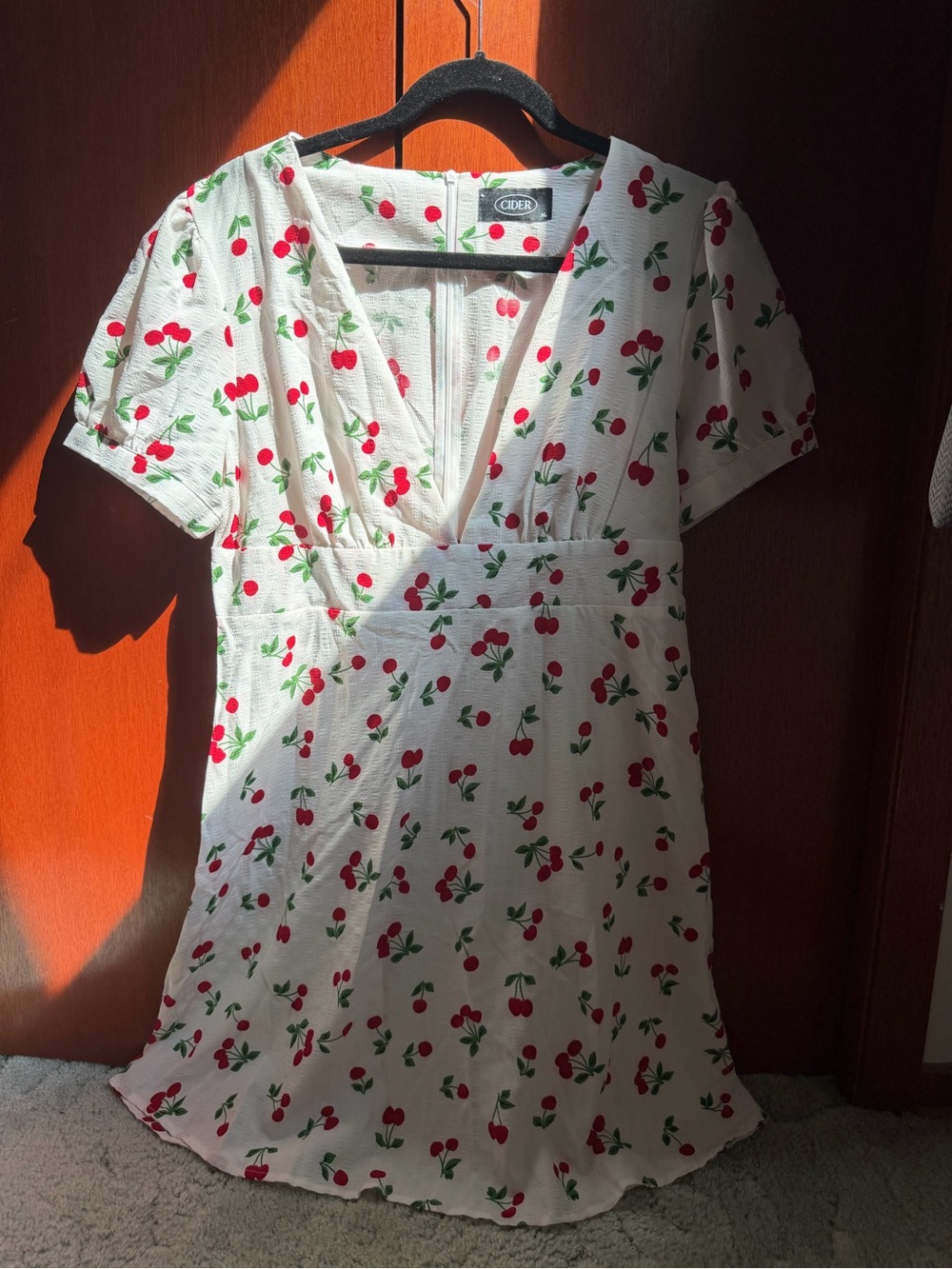 Cider White Mini Dress with Red Cherry Print
